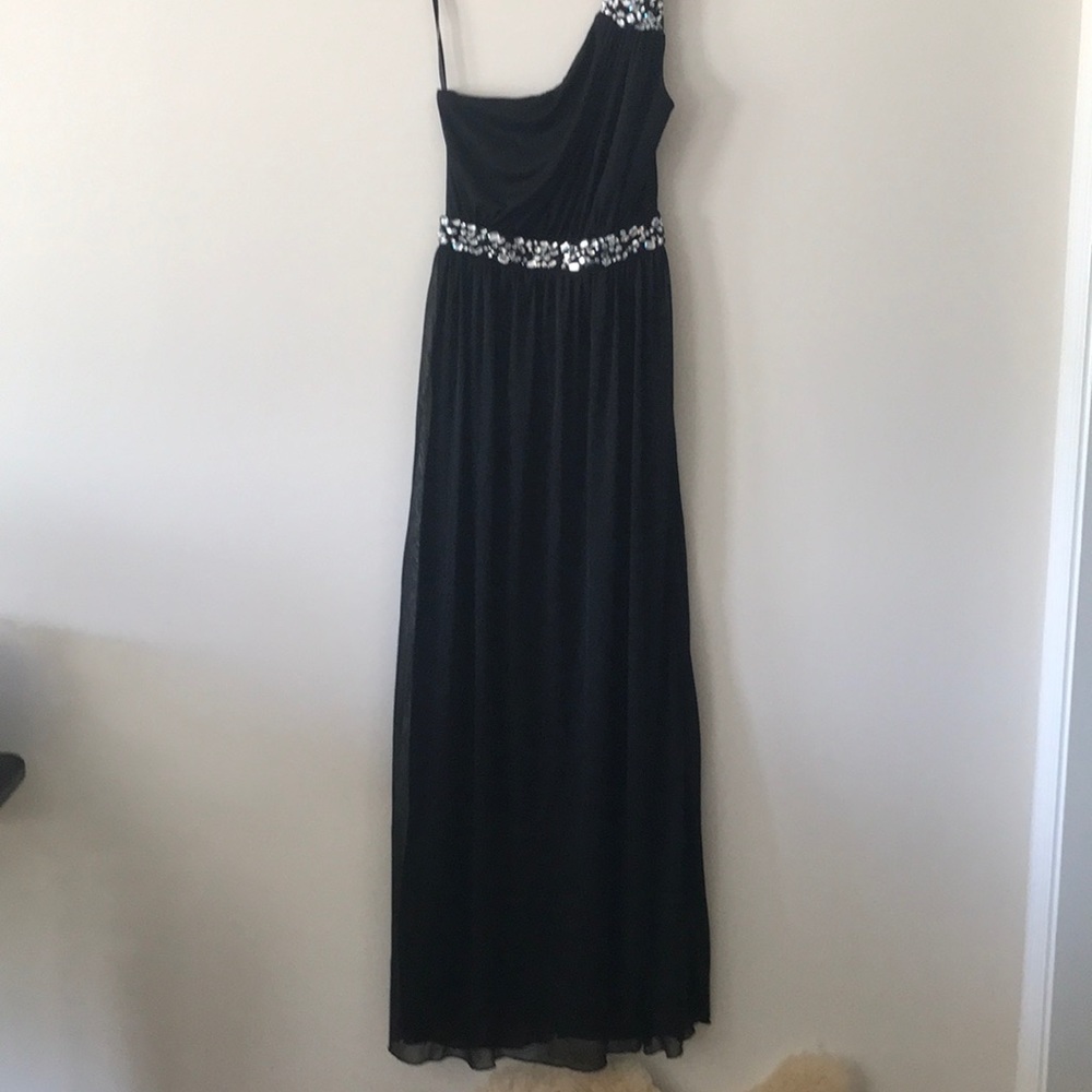 Black one shoulder dress with jewels